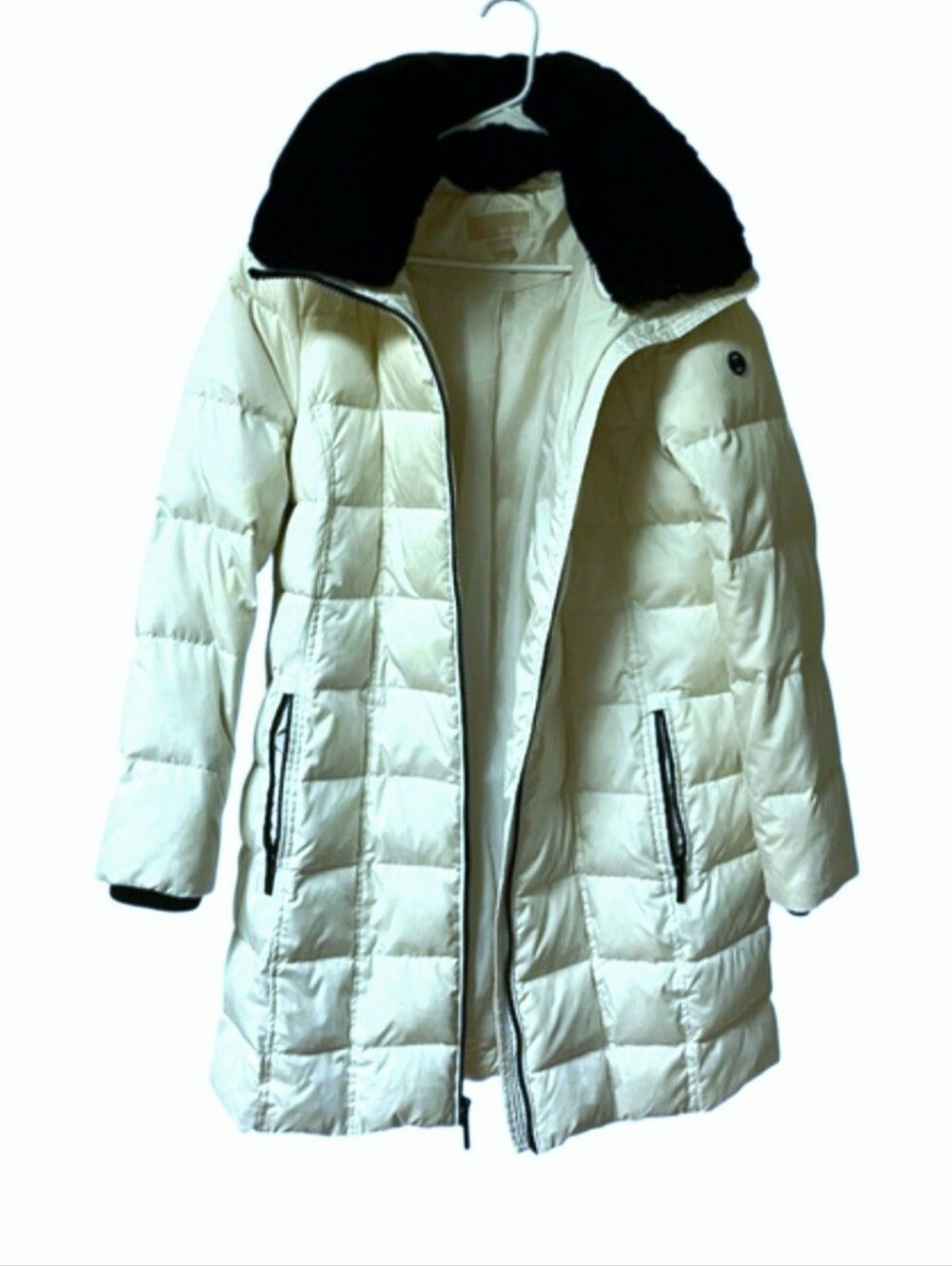 Michael Kors Women’s Quilted Faux Fur Collar Long Hooded Winter Puffer Coat, L